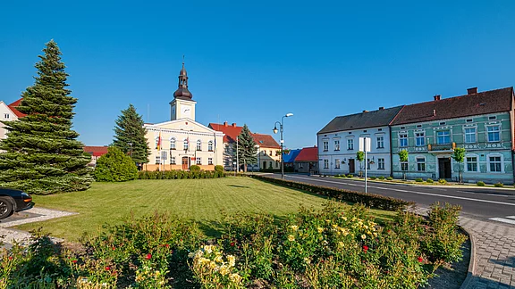 Blick auf einen Platz mit einer gepflegten Wiese und bunten Blumenbeeten. Im Hintergrund steht ein historisches Gebäude mit einem Uhrturm und mehreren Flaggen. Daneben sind mehrere Häuser mit verschiedenen Dächerfarben sichtbar. Der Himmel ist klar und blau.