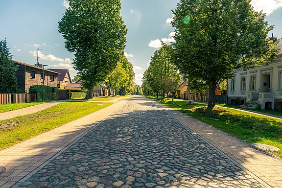 Dorfstraße Radensleben Die grunderneuerte und historisch gepflasterte Dorfstraße in Radensleben erstreckt sich in die Ferne, gesäumt von grünem Rasen und hohen Bäumen. Auf beiden Seiten der Straße stehen Wohnhäuser, die eine ruhige, ländliche Atmosphäre vermitteln. Der Himmel ist blau mit wenigen Wolken.