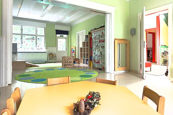 Heller Kita‑Raum mit grünen Wänden: vorne niedriger Holztisch mit Stühlen, dahinter Spielbereich mit großem grünem Teppich, Regalen voller Spielzeug und großen Fenstern. Offene Türen verbinden weitere Gruppenräume.