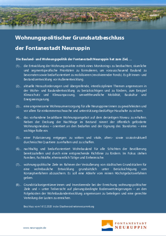 Kurzübersicht zum wohnungspolitischen Grundsatzbeschluss Kurzübersicht zum wohnungspolitischen Grundsatzbeschluss