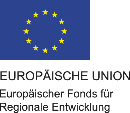 EU-Logo mit blauem Flaggenfeld und zwölf goldenen Sternen. Darunter Schriftzug: „Europäische Union – Europäischer Fonds für Regionale Entwicklung“.